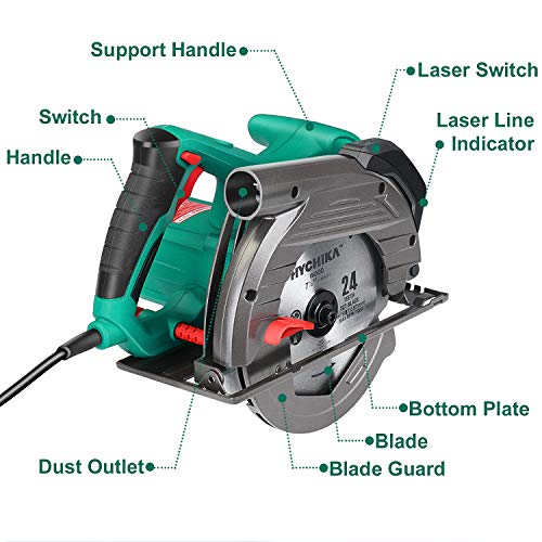 HYCHIKA Sierra Circular 1500W, 4700RPM, 2 Discos 24T+40T: 190mm, Corte 65mm (90º), 45mm (45º), Guía Laser, Motor de Cobre Puro, Extrator de Polvo, 3M Cable HYCHIKA Sierra Circular 1500W, 4700RPM, 2 Discos 24T+40T: 190mm, Corte 65mm (90º), 45mm (45º), Guía Laser, Motor de Cobre Puro, Extrator de Polvo, 3M Cable