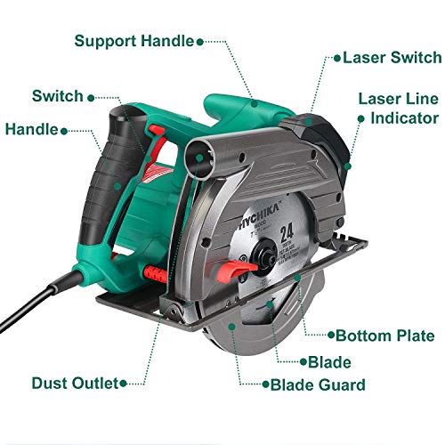 HYCHIKA Sierra Circular 1500W, 4700RPM, 2 Discos 24T+40T: 190mm, Corte 65mm (90º), 45mm (45º), Guía Laser, Motor de Cobre Puro, Extrator de Polvo, 3M Cable