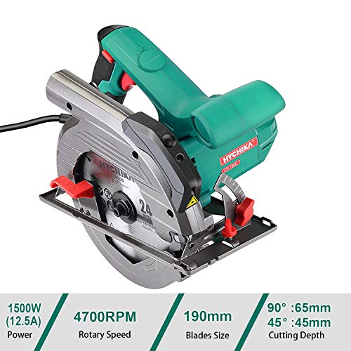 HYCHIKA Sierra Circular 1500W, 4700RPM, 2 Discos 24T+40T: 190mm, Corte 65mm (90º), 45mm (45º), Guía Laser, Motor de Cobre Puro, Extrator de Polvo, 3M Cable HYCHIKA Sierra Circular 1500W, 4700RPM, 2 Discos 24T+40T: 190mm, Corte 65mm (90º), 45mm (45º), Guía Laser, Motor de Cobre Puro, Extrator de Polvo, 3M Cable