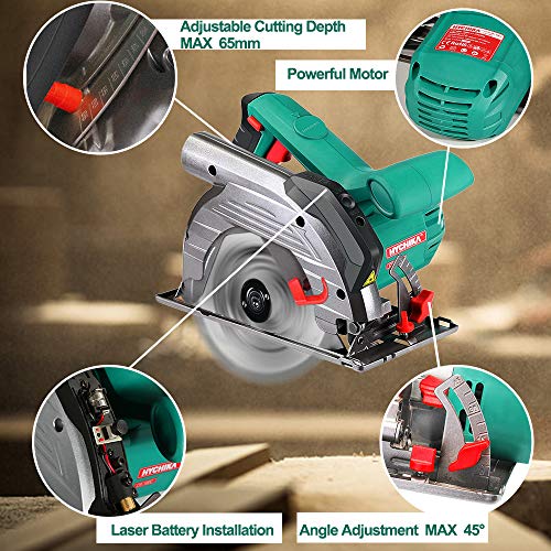 HYCHIKA Sierra Circular 1500W, 4700RPM, 2 Discos 24T+40T: 190mm, Corte 65mm (90º), 45mm (45º), Guía Laser, Motor de Cobre Puro, Extrator de Polvo, 3M Cable HYCHIKA Sierra Circular 1500W, 4700RPM, 2 Discos 24T+40T: 190mm, Corte 65mm (90º), 45mm (45º), Guía Laser, Motor de Cobre Puro, Extrator de Polvo, 3M Cable