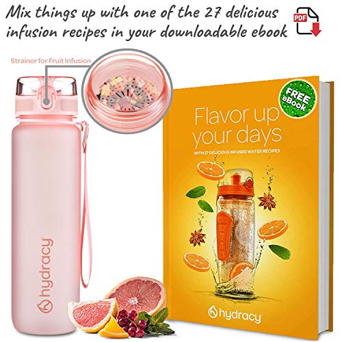 Hydracy Botella de Agua 1 Litro con Marcador de Tiempo - Sin BPA con Filtro de Infusión de Frutas - Antigoteo y sin Sudor - Ideal para el Ejercicio y los Deportes al Aire Libre - Rosa Gold