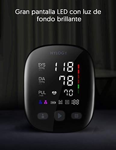 HYLOGY Tensiómetro de Brazo, Monitor de Presión Arterial Digital Automatico con Gran Pantalla Led, Deteccion de Irregular Arritmia, Brazalete 22-42cm, 2x90 Memoria y Recargable Usb