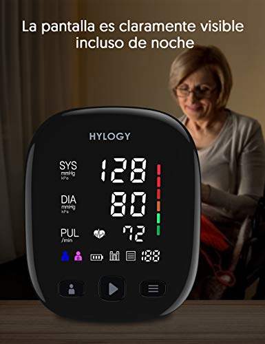 HYLOGY Tensiómetro de Brazo, Monitor de Presión Arterial Digital Automatico con Gran Pantalla Led, Deteccion de Irregular Arritmia, Brazalete 22-42cm, 2x90 Memoria y Usb