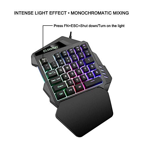 iAmotus Teclado Gaming para Una Sola Mano Ergonomica Reposamanos Rainbow LED Retroiluminación 35-Key Mini Portatil Teclado Profesional para Juegos per PC Windows/Mac（Negro）