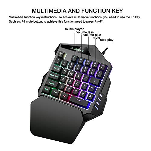 iAmotus Teclado Gaming para Una Sola Mano Ergonomica Reposamanos Rainbow LED Retroiluminación 35-Key Mini Portatil Teclado Profesional para Juegos per PC Windows/Mac（Negro）