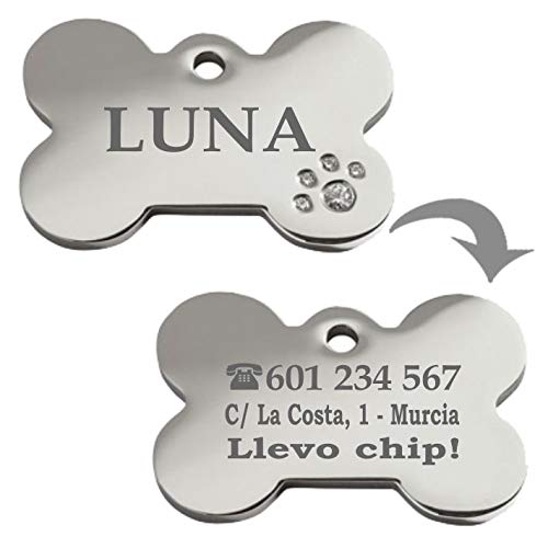 Iberiagifts - Hueso Acero Deluxe con brillantitos en Forma de Pata Placa Chapa Medalla de identificación Personalizada para Collar Perro Gato Mascota grabada
