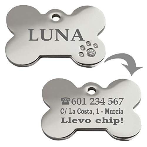 Iberiagifts - Hueso Acero Deluxe con brillantitos en Forma de Pata Placa Chapa Medalla de identificación Personalizada para Collar Perro Gato Mascota grabada Iberiagifts - Hueso Acero Deluxe con brillantitos en Forma de Pata Placa Chapa Medalla de identificación Personalizada para Collar Perro Gato Mascota grabada