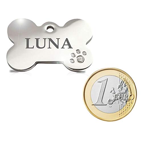Iberiagifts - Hueso Acero Deluxe con brillantitos en Forma de Pata Placa Chapa Medalla de identificación Personalizada para Collar Perro Gato Mascota grabada