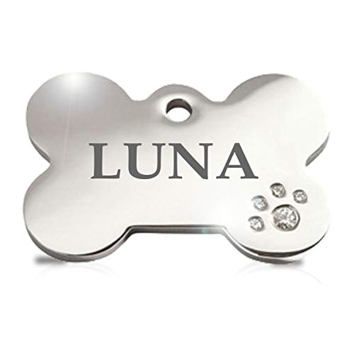 Iberiagifts - Hueso Acero Deluxe con brillantitos en Forma de Pata Placa Chapa Medalla de identificación Personalizada para Collar Perro Gato Mascota grabada Iberiagifts - Hueso Acero Deluxe con brillantitos en Forma de Pata Placa Chapa Medalla de identificación Personalizada para Collar Perro Gato Mascota grabada