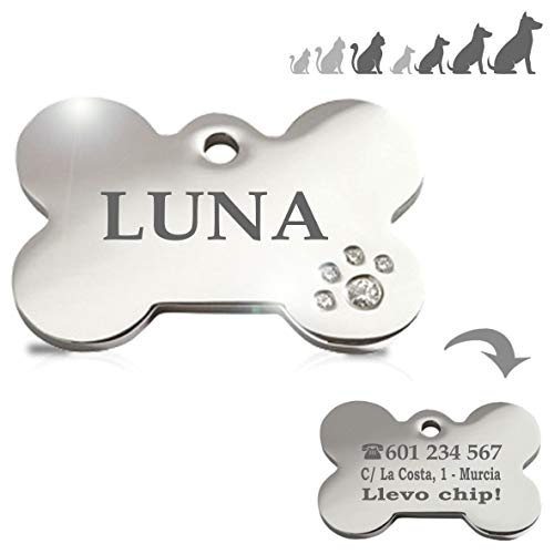Iberiagifts - Hueso Acero Deluxe con brillantitos en Forma de Pata Placa Chapa Medalla de identificación Personalizada para Collar Perro Gato Mascota grabada Iberiagifts - Hueso Acero Deluxe con brillantitos en Forma de Pata Placa Chapa Medalla de identificación Personalizada para Collar Perro Gato Mascota grabada