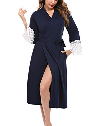 iClosam Bata Mujer Algodón Largo Albornoz Encaje Costuras Manga 3/4 Cinturón Ropa de Dormir Suave y Cómodo S-XXL iClosam Bata Mujer Algodón Largo Albornoz Encaje Costuras Manga 3/4 Cinturón Ropa de Dormir Suave y Cómodo S-XXL
