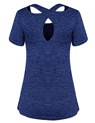 iClosam Camiseta de Manga Corta para Mujer Tops de Yoga Ropa Deportiva Correr Entrenamiento Camiseta Blusa túnica S-XXL (Azul Real 1, XL)