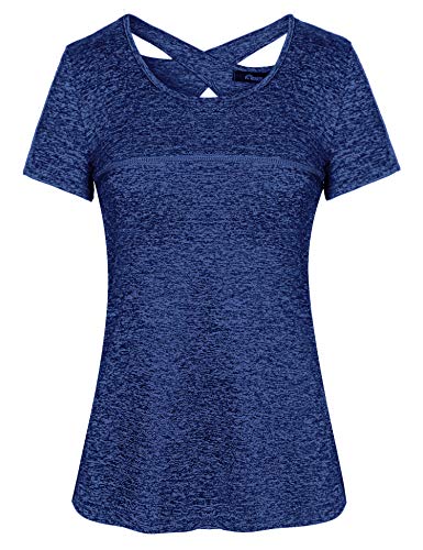 iClosam Camiseta de Manga Corta para Mujer Tops de Yoga Ropa Deportiva Correr Entrenamiento Camiseta Blusa túnica S-XXL (Azul Real 1, XL)