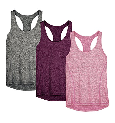 icyzone Camiseta de Fitness Deportiva de Tirantes para Mujer, Pack de 3 (M, Carboncillo/Jam/Rosado)