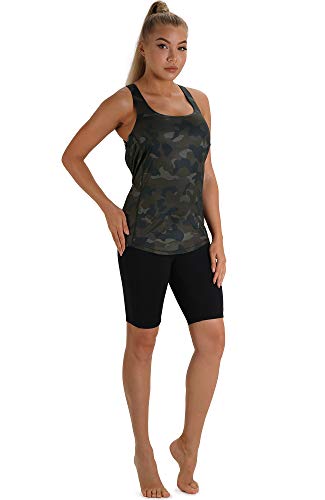 icyzone Camiseta deportiva para mujer con sujetador integrado, 2 en 1, para yoga, gimnasio, fitness, entrenamiento Camuflaje M