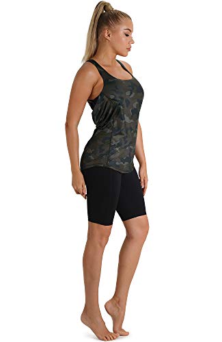 icyzone Camiseta deportiva para mujer con sujetador integrado, 2 en 1, para yoga, gimnasio, fitness, entrenamiento Camuflaje M