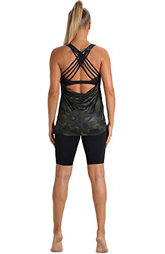 icyzone Camiseta deportiva para mujer con sujetador integrado, 2 en 1, para yoga, gimnasio, fitness, entrenamiento Camuflaje M