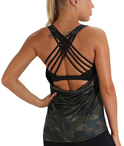 icyzone Camiseta deportiva para mujer con sujetador integrado, 2 en 1, para yoga, gimnasio, fitness, entrenamiento Camuflaje M icyzone Camiseta deportiva para mujer con sujetador integrado, 2 en 1, para yoga, gimnasio, fitness, entrenamiento Camuflaje M