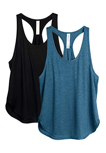 icyzone Camiseta sin Mangas de Fitness para Mujer Chaleco Deportivo, Pack de 2 (M, Negro/Mezclilla)