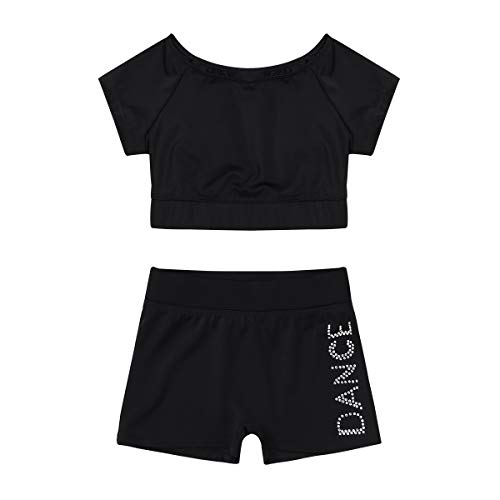 IEFIEL Conjuntos Deportivos para Niña Pantalones Cortos Y Crop Top Ajustado Chaleco Camiseta Corta Leotardo De Gimnasia Fitness Gym Negro A 10-12 años