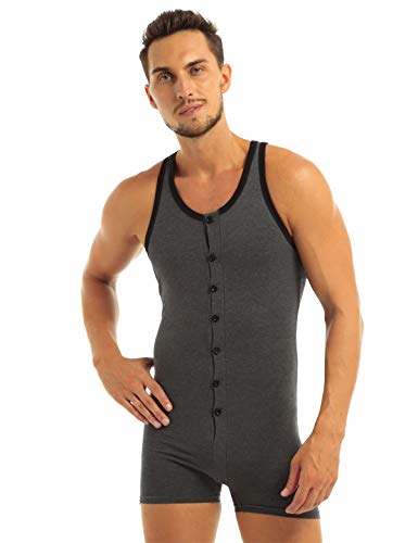 IEFIEL Mono Ajustado Body de Algodón para Hombre Pijamas de Dormir Cómodo Sudaderas Deportivas sin Mangas Gris A XL