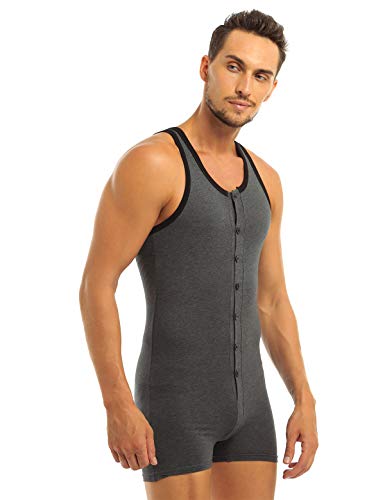 IEFIEL Mono Ajustado Body de Algodón para Hombre Pijamas de Dormir Cómodo Sudaderas Deportivas sin Mangas Gris A XL