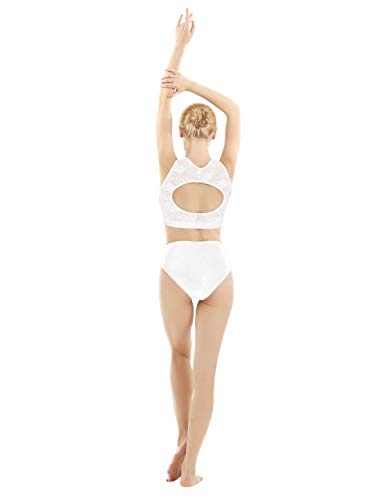 IEFIEL Ropa para Baile en Barra Mujer Pantalones Cortos Encaje Flores Elástico Pole Dance Top Hot Shorts Dancewear Blanco Medium