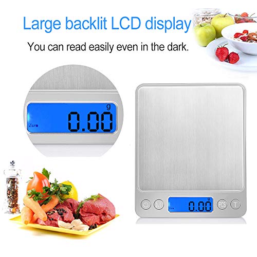 iitrust Básculas de cocina, (500 - 0.01g) Balanzas de comida pequeñas, Balanzas de joyería eléctricas, Balanzas de cocina con 2 bandejas, Pantalla LCD con retroiluminación