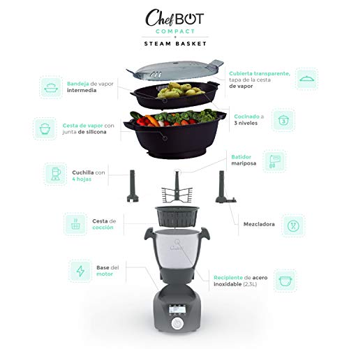 IKOHS CHEFBOT Compact STEAMPRO - Robot de Cocina Multifunción, Cocina al Vapor, 23 Funciones, 10 Velocidades con Turbo, Bol Acero Inoxidable 2,3 L, Libre BPA (con Vaporera y Recetario - Blanco)