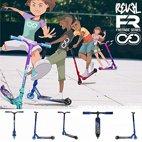 Infinity Scooters Patinete Freestyle para Adultos y Niños a Partir de 8 años- Patinete de Trucos y Saltos con Rodamientos ABEC-9 Ruedas 110mm de PU con Barra 360 Grados (Revel negro/azul)