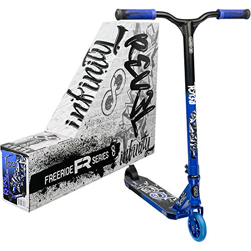 Infinity Scooters Patinete Freestyle para Adultos y Niños a Partir de 8 años- Patinete de Trucos y Saltos con Rodamientos ABEC-9 Ruedas 110mm de PU con Barra 360 Grados (Revel negro/azul)