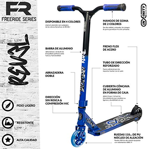 Infinity Scooters Patinete Freestyle para Adultos y Niños a Partir de 8 años- Patinete de Trucos y Saltos con Rodamientos ABEC-9 Ruedas 110mm de PU con Barra 360 Grados (Revel negro/azul)