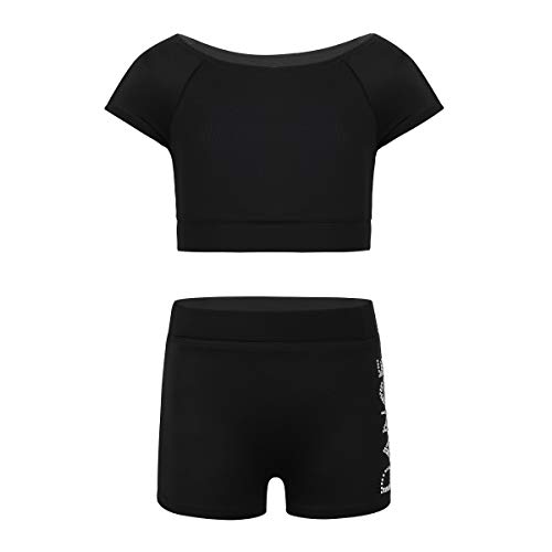 inhzoy Maillot de Danza Ballet para Niña Conjunto de Baile Moderno Crop Top Manga Corta con Sport Shorts Leotardo de Gimnasia Ropa Deporte Yoga Negro 7-8 Años