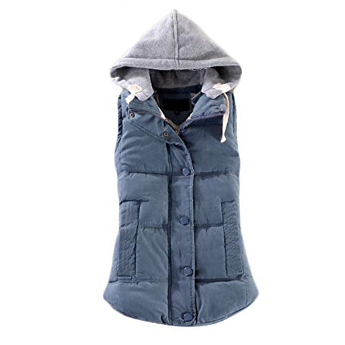 Inlefen Botones Acolchados para Mujer Pañuelo Desmontable Espesar Chaleco Casual Cálido Invierno Otoño Chaleco Chaqueta sin Mangas con Cremallera Chaqueta cálida (Azul-XL)