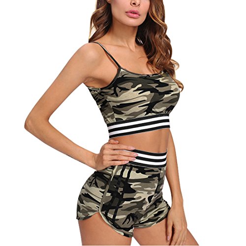 Inlefen Deportes de mujer Conjunto de deportes de camuflaje, Mujer Ropa deportiva Camiseta casual Tops Chaleco + Pantalones cortos Gym Yoga Workout Cintura Ropa deportiva Conjunto de ropa deportiva XS