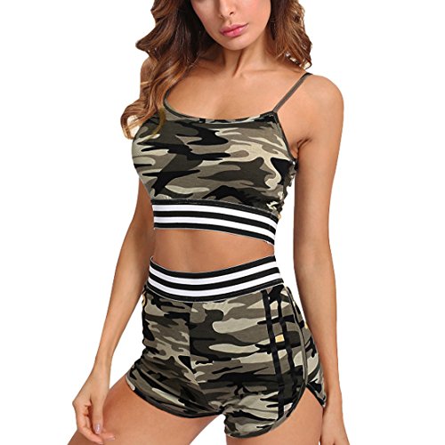 Inlefen Deportes de mujer Conjunto de deportes de camuflaje, Mujer Ropa deportiva Camiseta casual Tops Chaleco + Pantalones cortos Gym Yoga Workout Cintura Ropa deportiva Conjunto de ropa deportiva XS