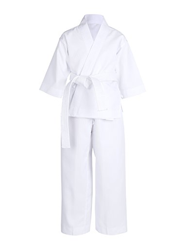 inlzdz Unisexo Kimono de Artes Marciales Infantil Ropa de Taekwondo Traje de Karate de Algodón Manga Larga Cinturón Gratis Niños Adultos Color Blanco Blanco 12-14 Años