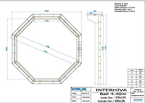 Interline 50700210 Bali - Piscina para instalación sobre Tierra y enterrada, Paredes de Madera, Redonda, 4,40 m x 1,36 m, Filtro de Arena de 4 m³/h