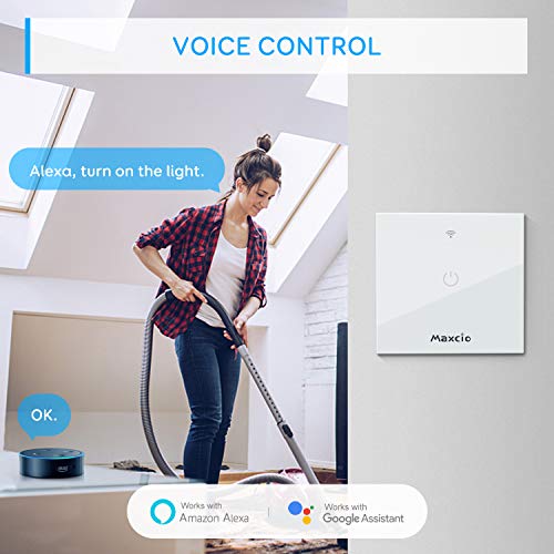 Interruptor Luz WiFi, Maxcio Interruptor Inteligente 1 Gang Compatible con Alexa, Google Home, Control de APP y Función de Temporizador, Neutral Requerido Interruptor Luz WiFi, Maxcio Interruptor Inteligente 1 Gang Compatible con Alexa, Google Home, Control de APP y Función de Temporizador, Neutral Requerido
