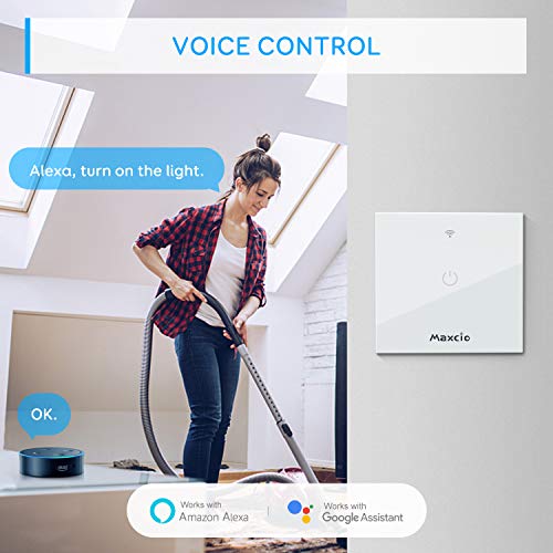 Interruptor Luz WiFi, Maxcio Interruptor Inteligente 1 Gang Compatible con Alexa, Google Home, Control de APP y Función de Temporizador, Neutral Requerido