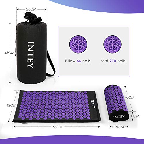 INTEY Esterilla Acupresion Kit de Masaje Para De Espalda y Cuello Dolor Ciático,Insomnio,Acupresion Acupuntura y Moxibustión Yoga(Negro Púrpura)