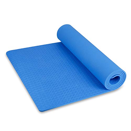 INTEY Esterilla de Yoga Antideslizante, TPE Antideslizante Colchonetas de Pilates, Esterilla Azul sin Estampada, 183 x 66 x 7mm, con Bandolera