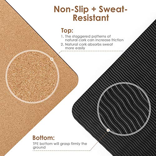 INTEY Esterilla de Yoga de Corcho Antideslizante, Superior TPE Antideslizante Colchonetas de Pilates con Línea Auxiliar 183 x 66 x 7mm, con Bandolera