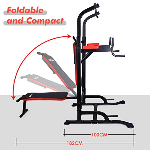 INTEY Power Tower, Torre de Ejercicios de 6 Niveles con Altura Ajustable, Dip Estación con Banco de Pesas Plegable, para Ejercicios, Brazos, Piernas, Espalda y Otros Músculos