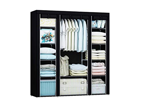 Intirilife Armario Tela Plegable 150x175x45 cm in Negro Cuervo – Guardar Ropa Organizador de Textil Tela Portátil con Cremallera y Barra de Armario per Colgar – Closet Estanteria Exterior