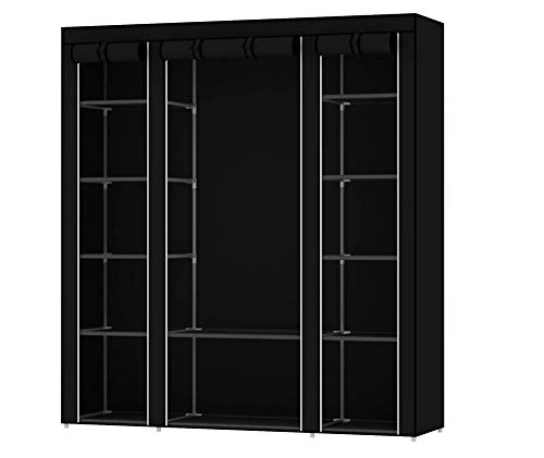 Intirilife Armario Tela Plegable 150x175x45 cm in Negro Cuervo – Guardar Ropa Organizador de Textil Tela Portátil con Cremallera y Barra de Armario per Colgar – Closet Estanteria Exterior