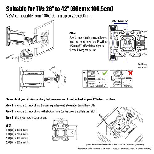 Invision Soporte de Pared para TV 26-42 Pulgadas - Montaje en Pared Ultra Delgado Articulado - Inclinación y Giratorio - MAX VESA 200x200 mm - hasta 40 kg de Peso (HDTV-M)