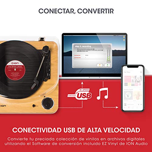 ION Audio Max LP - Tocadiscos de vinilo de 3 Velocidades con Altavoces estéreo, Salidas Auriculares y RCA, Salida USB para Convertir Discos de Vinilo a Archivos Digitales, Acabado en Madera