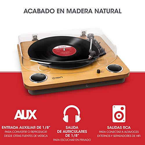 ION Audio Max LP - Tocadiscos de vinilo de 3 Velocidades con Altavoces estéreo, Salidas Auriculares y RCA, Salida USB para Convertir Discos de Vinilo a Archivos Digitales, Acabado en Madera