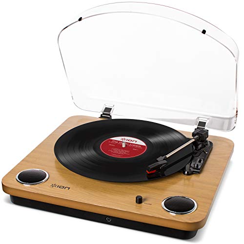 ION Audio Max LP - Tocadiscos de vinilo de 3 Velocidades con Altavoces estéreo, Salidas Auriculares y RCA, Salida USB para Convertir Discos de Vinilo a Archivos Digitales, Acabado en Madera